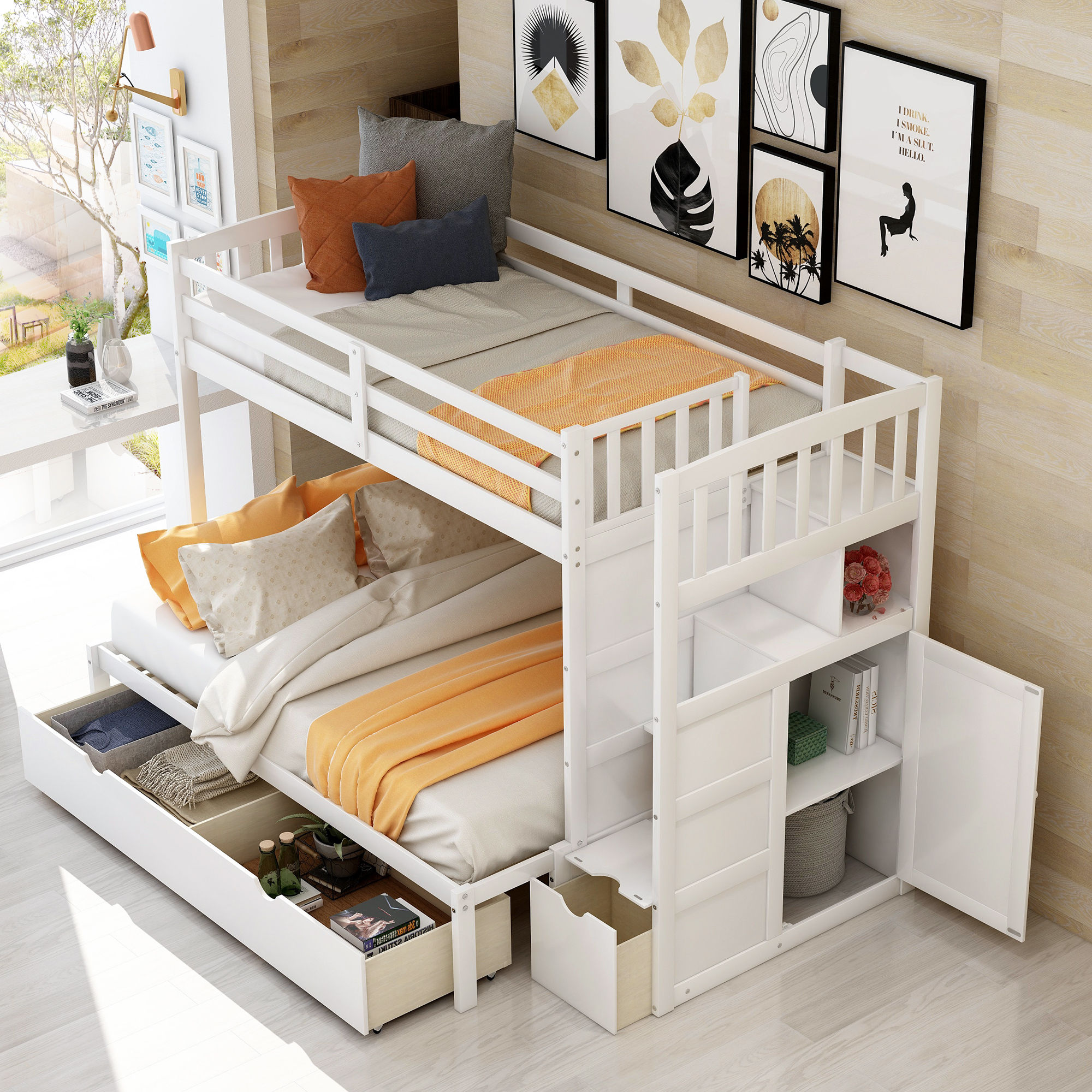 Twin over Full/Twin Bunk Bed, Convertible Bottom Bed, Storage Shelves and Drawer
