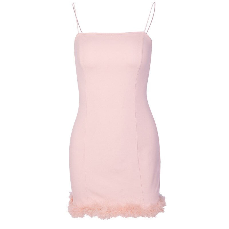 थंबनेल: Sold Out Spaghetti Strap Fur Sexy Women Dress 2019 Spring Elegant Sheath Bodycon