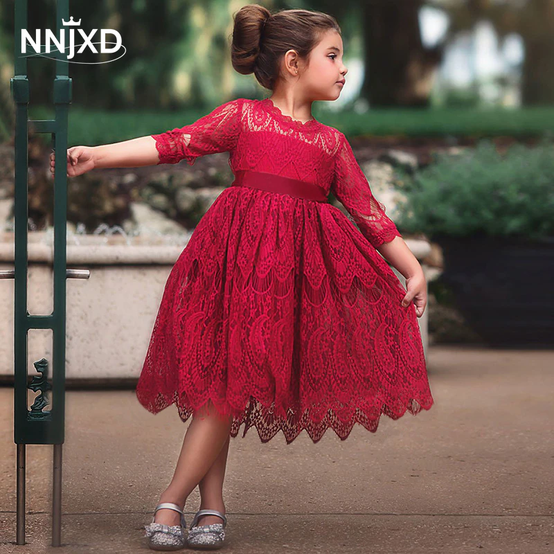 थंबनेल: Kids dresses for Girls Spring Clothes Half-sleeve Lace Party Costume Red
