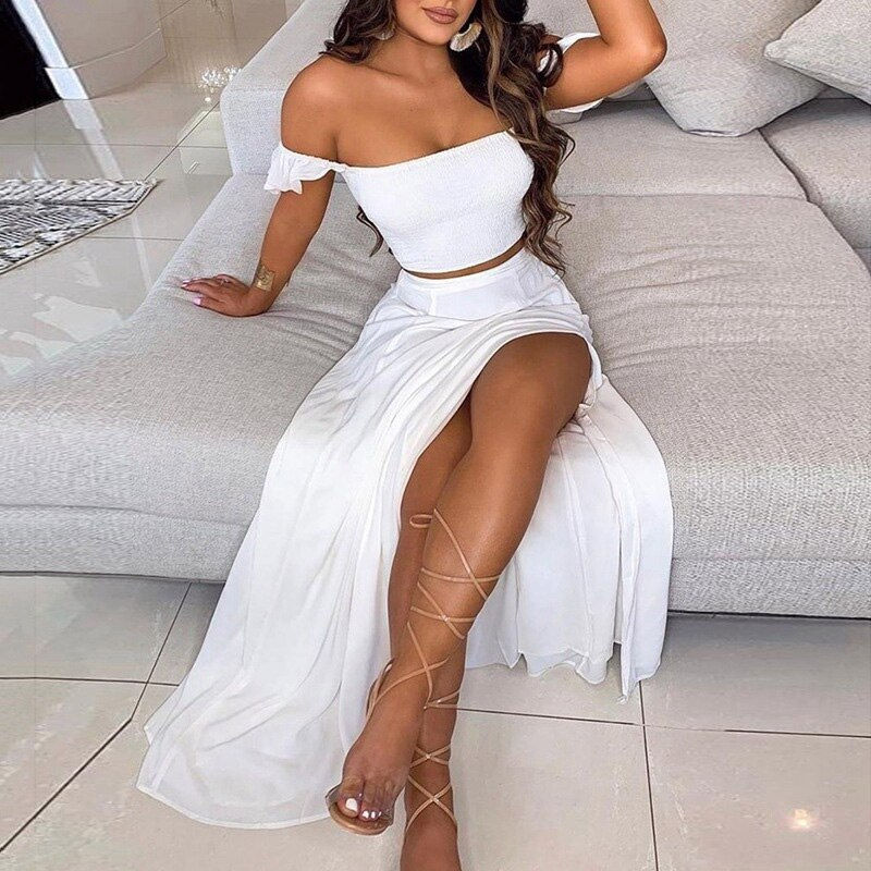 Thumbnail: Women Elegant Rose Leaf Print Long Dress Sets Sexy Off Shoulder Tops And Split
