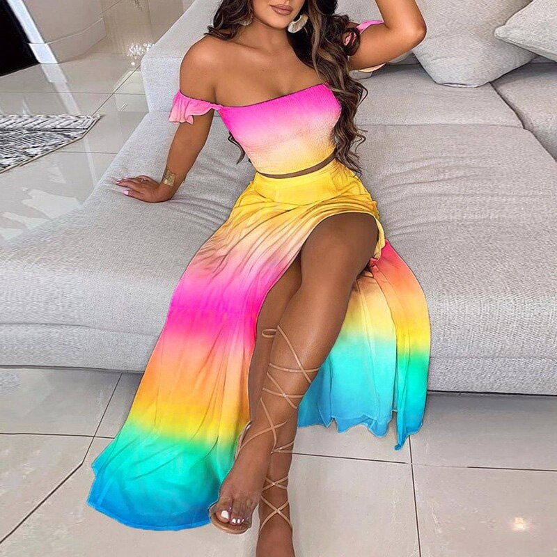 Thumbnail: Women Elegant Rose Leaf Print Long Dress Sets Sexy Off Shoulder Tops And Split