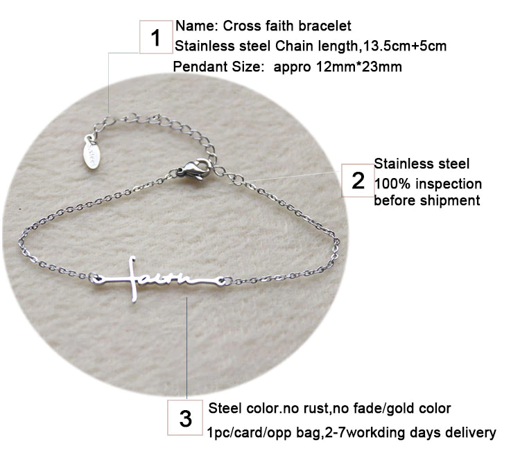 サムネイル： 1Pc New Design Cross Faith Bracelet Stainless Steel Letter Charm Bracelets For