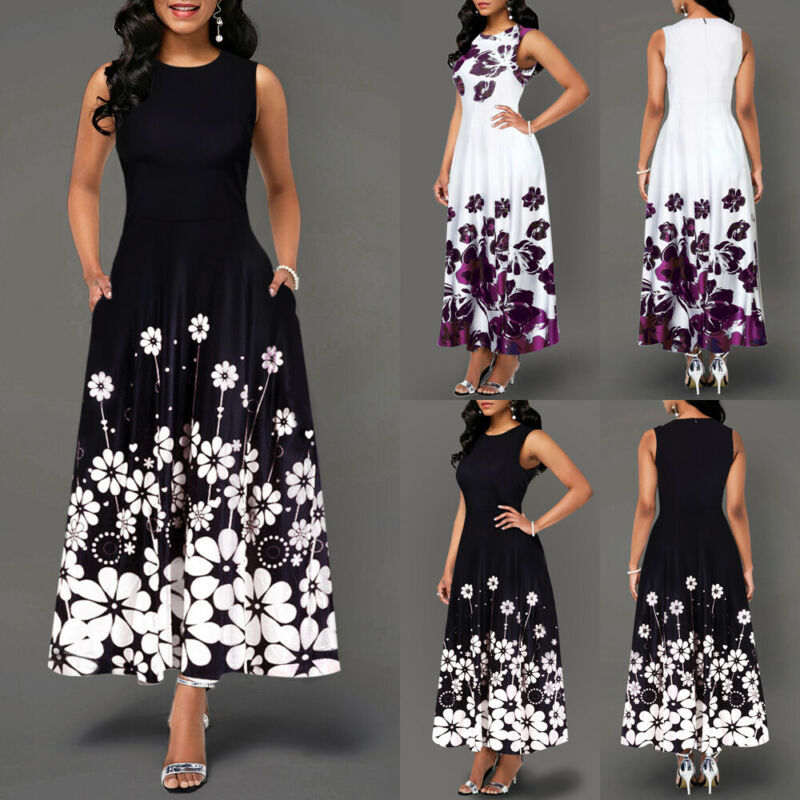 Miniatura: Women's Sleeveless Floral Printed Elegant Summer Maxi Dress