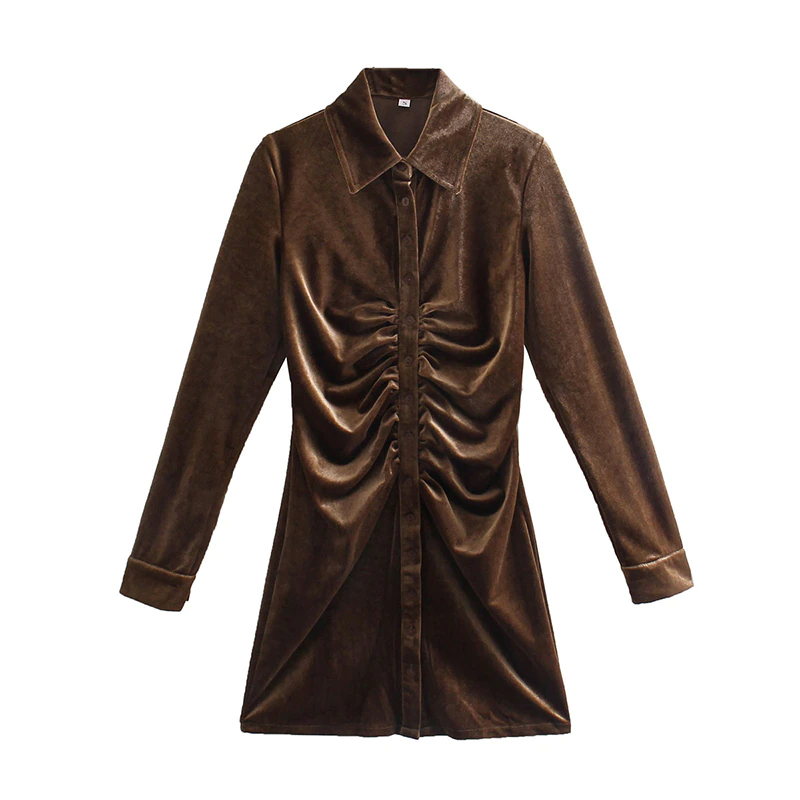 サムネイル： KPYTOMOA Women  Chic Fashion Pleated Velvet Mini Dress Vintage Long Sleeve