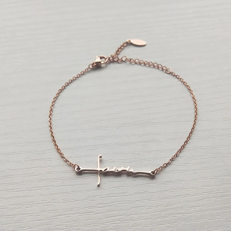サムネイル： 1Pc New Design Cross Faith Bracelet Stainless Steel Letter Charm Bracelets For