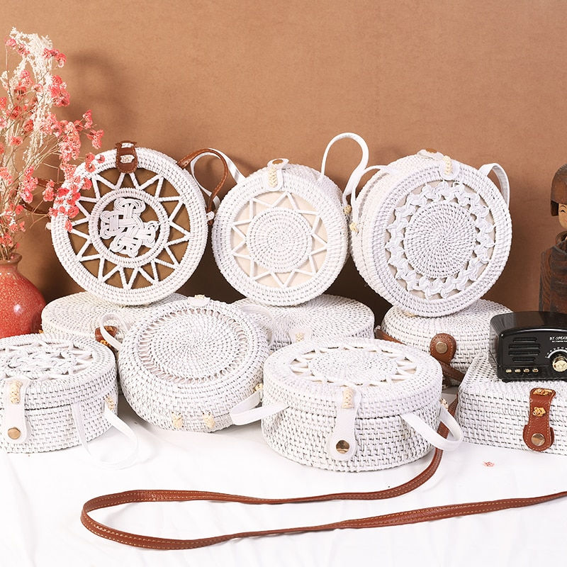Thumbnail: Woven Rattan Bag Round Straw Shoulder Bag Small Beach HandBags Women Summer
