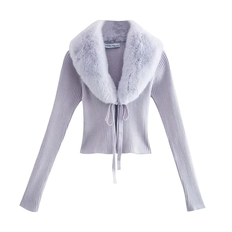 Miniaturbild: Women Faux Fur V-Neck Patchwork Cardigan Knitting Short Sweater Female Chic Long