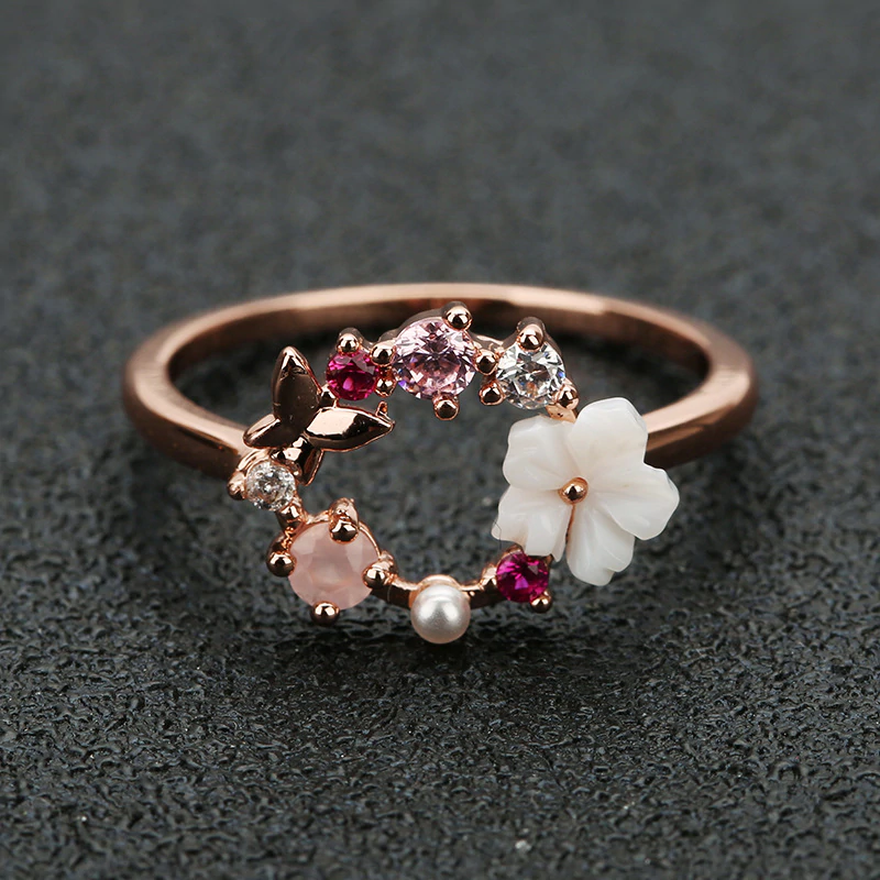 Fashion Creative Butterfly Flowers Crystal Finger Wedding Rings for Women Rose