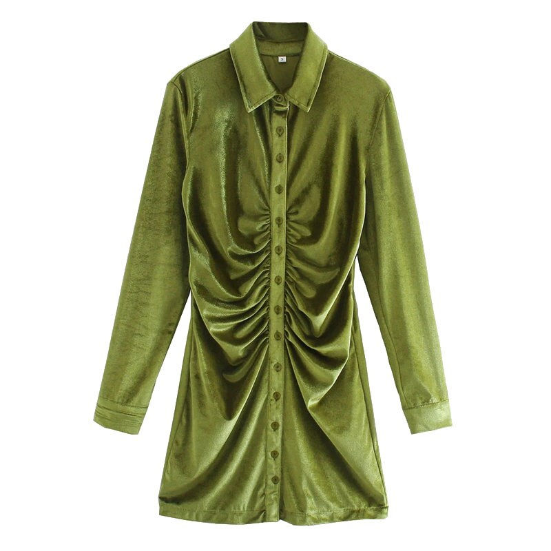 Miniaturbild: KPYTOMOA Women  Chic Fashion Pleated Velvet Mini Dress Vintage Long Sleeve