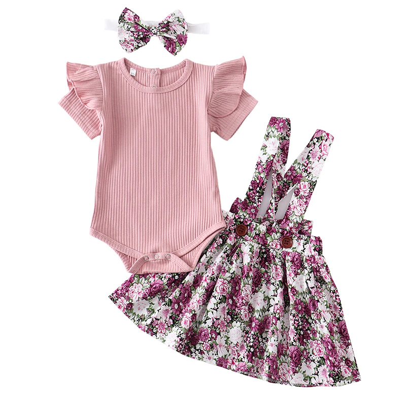 Miniature : Infant/ Baby Girls Set | 3Pc Pink Romper and Floral Dress
