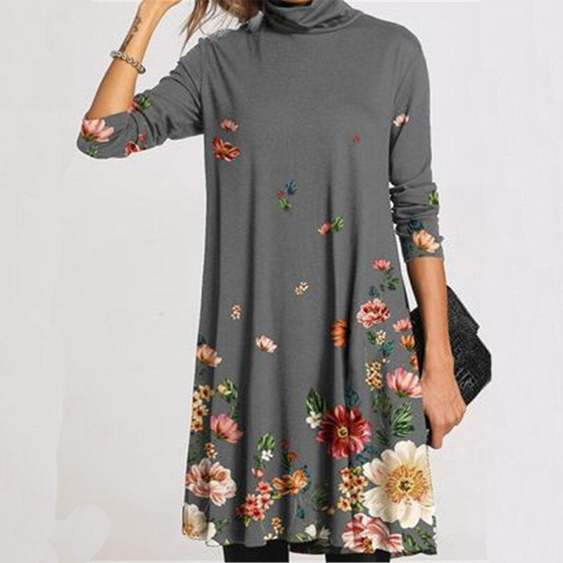 Miniatura: Turtleneck Elegant Vintage Print Dress 