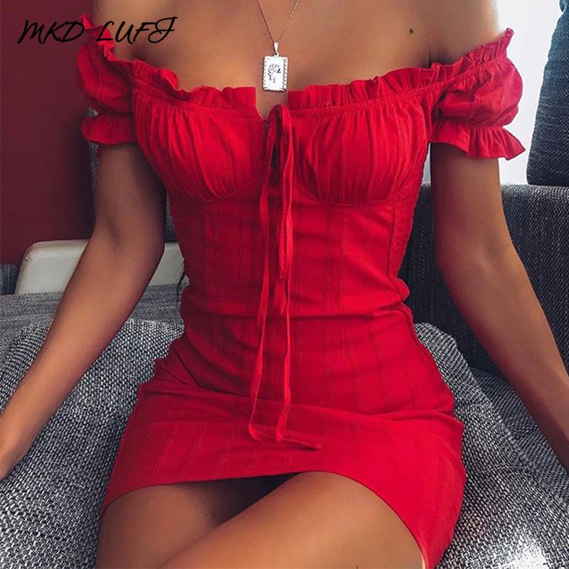 Miniaturbild: Sexy Off-Shoulder Smocked Bodycon Dress 