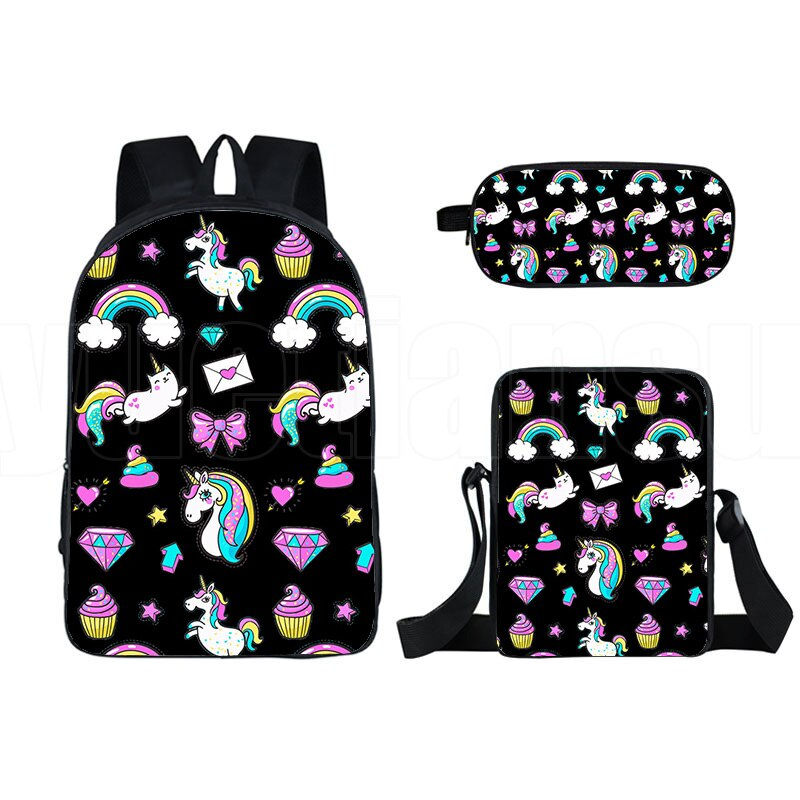 サムネイル： Rainbow Unicorn 3D Printed 3-piece School Bookbag Set