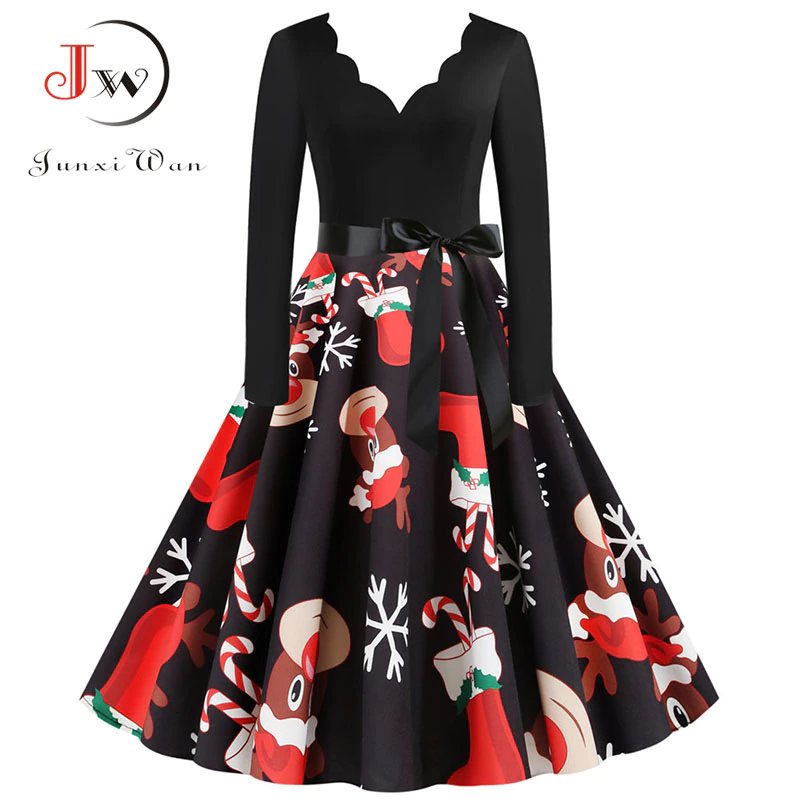 Miniatura: Black Big Swing Print Vintage Christmas Dress 