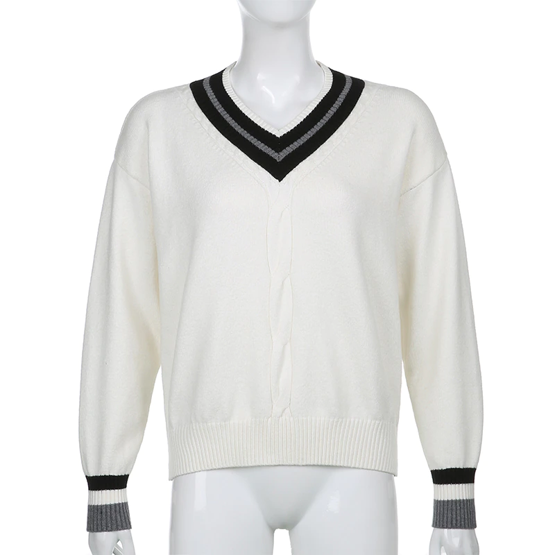 縮圖：Sweetown White Oversize New  Jumpers Women Stripe V Neck Twist 90s Aesthetic