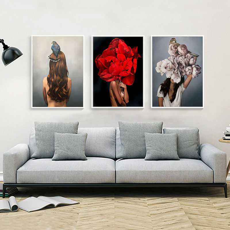 Thumbnail: Flowers Feathers Woman Abstract Canvas Painting Wall Art Print Poster Picture