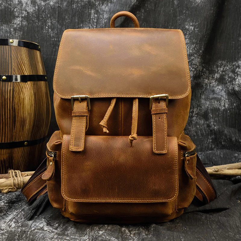 Vintage Crazy Horse Leather Men Backpack Unisex Cow Leather 14" Laptop Rucksack 