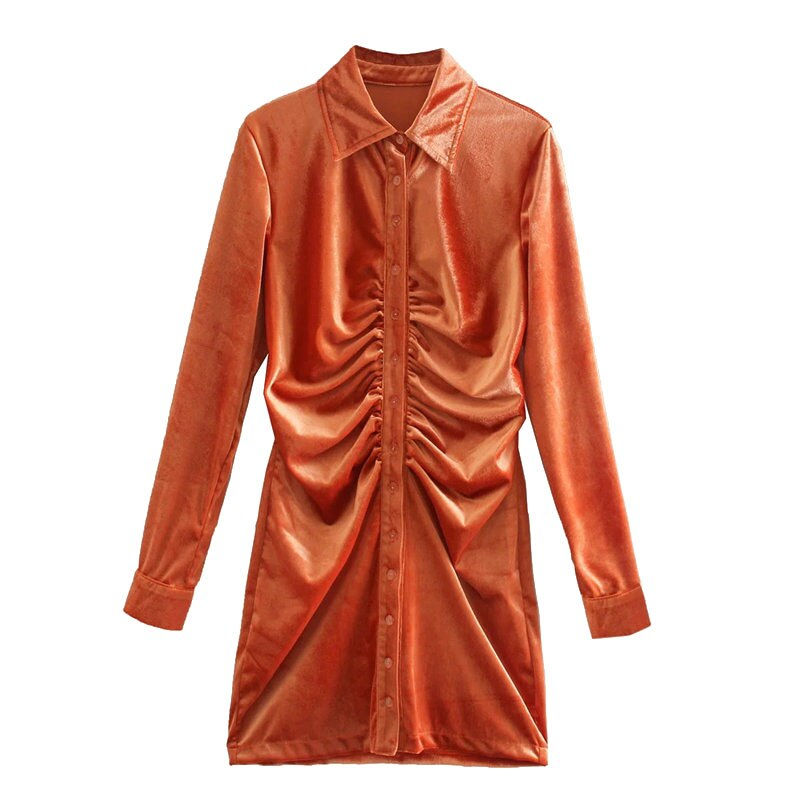 Miniatura: KPYTOMOA Women  Chic Fashion Pleated Velvet Mini Dress Vintage Long Sleeve