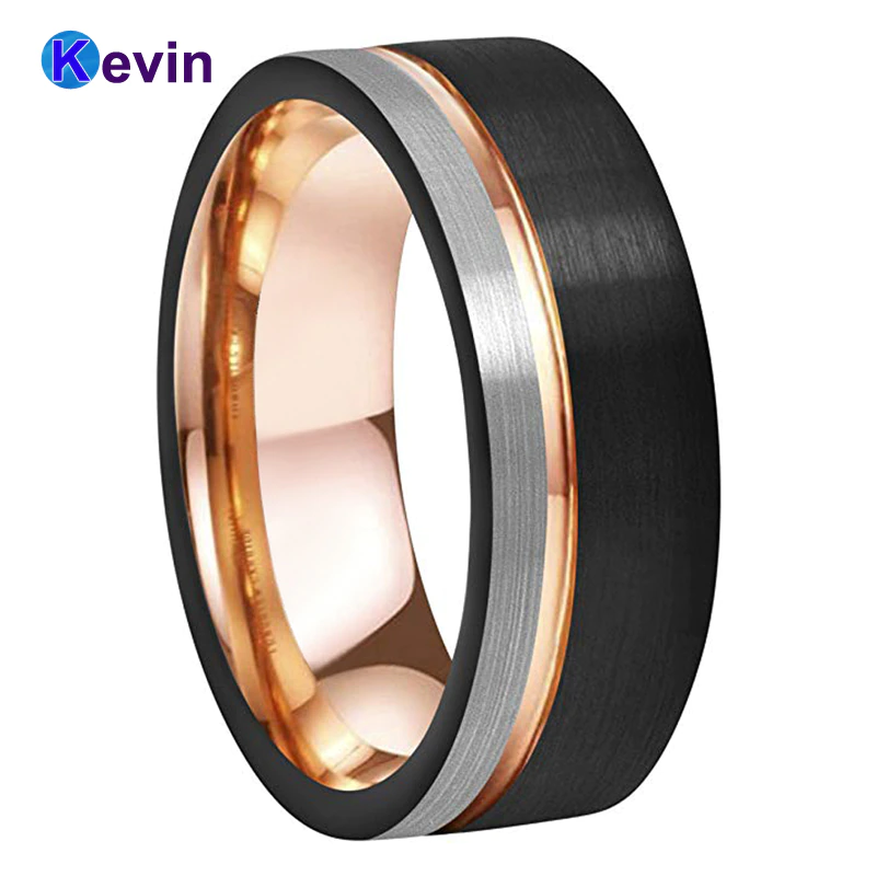 Miniature : Mens Womens Wedding Band Tungsten Carbide Ring Black Rose Gold With Offset