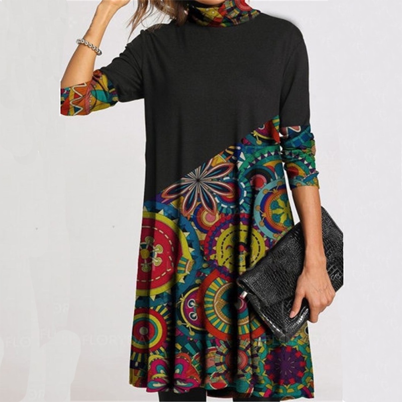 Thumbnail: Turtleneck Elegant Vintage Print Dress 