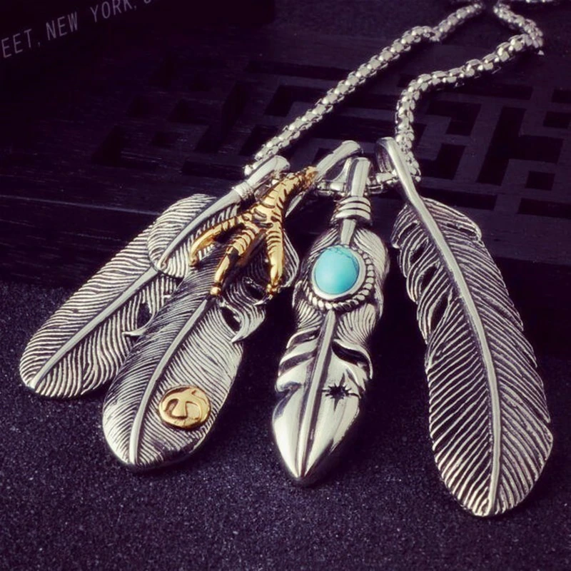 Miniatura: Vintage Leaf Long Necklace Men's Eagle Claw Feather Pendant Necklaces For Men