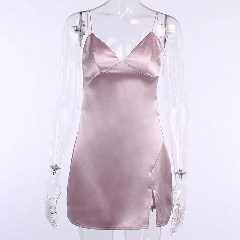 Thumbnail: WannaThis Satin V-Neck Spaghetti Strap Mini Party Dresses Women Split Hem