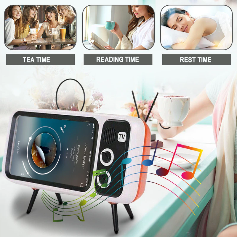 थंबनेल: 3-In-1 Wireless Retro Mini Portable TV | Bluetooth Bass Speaker | Phone Holder 