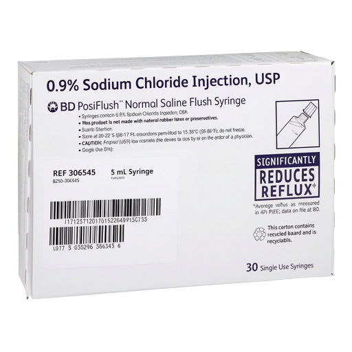 BD PosiFlush Normal Saline Flush Syringe, 0.9% NaCl, 5 mL, 30/Box