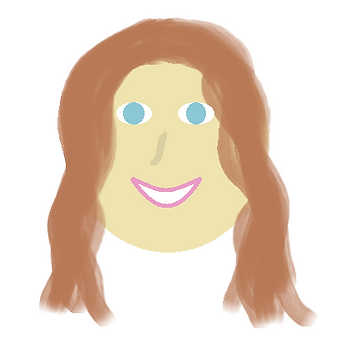A depiction of a teacher drawn in the computer program called Paint. The smiling teacher has curly brown hair and blue eyes.
