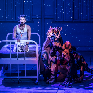 Divesh Subaskaran and Richard Parker in Life of Pi play. Photo: Ellie Kurtz