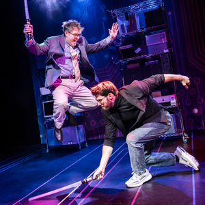 Dan Buckley as Bill Gates and Kane Oliver Parry as Steve Jobs in Nerds the musical. Photo credit: Pamela Raith
