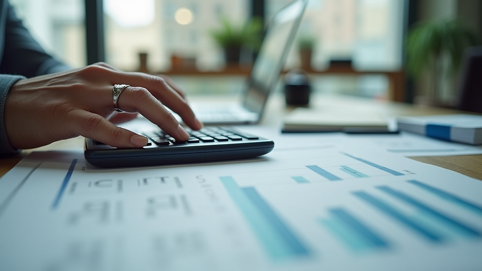 Eye-level view of a modern office with financial documents and a calculator