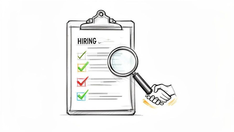 Sketch illustration of a hiring checklist, magnifying glass, and a handshake symbolizing recruitment.