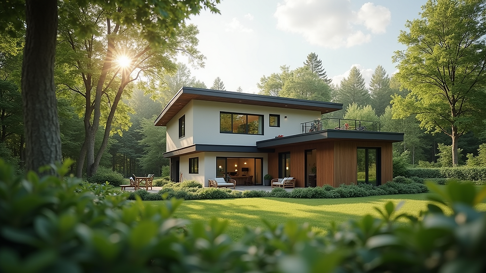 Eye-level view of a modern family home surrounded by greenery