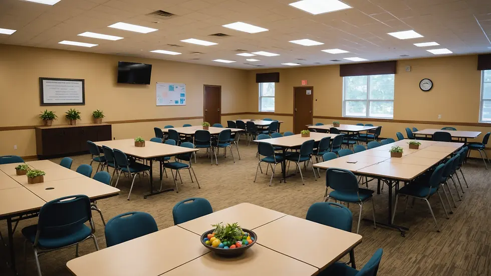Eye-level view of a community meeting space with gathering tables and creative displays.