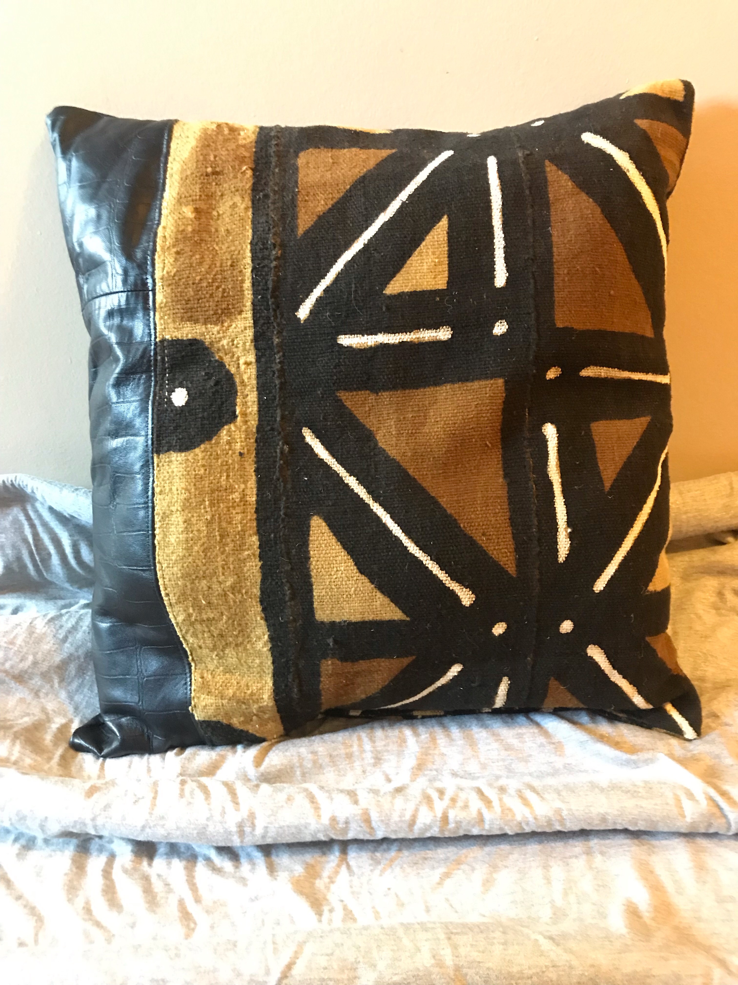 Vertical Leather & Mudcloth Pillow