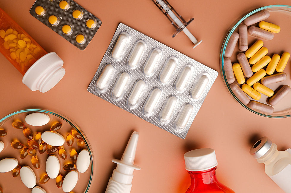 pharmaceutical in various dosage forms on a beige the diversity of medication forms and t