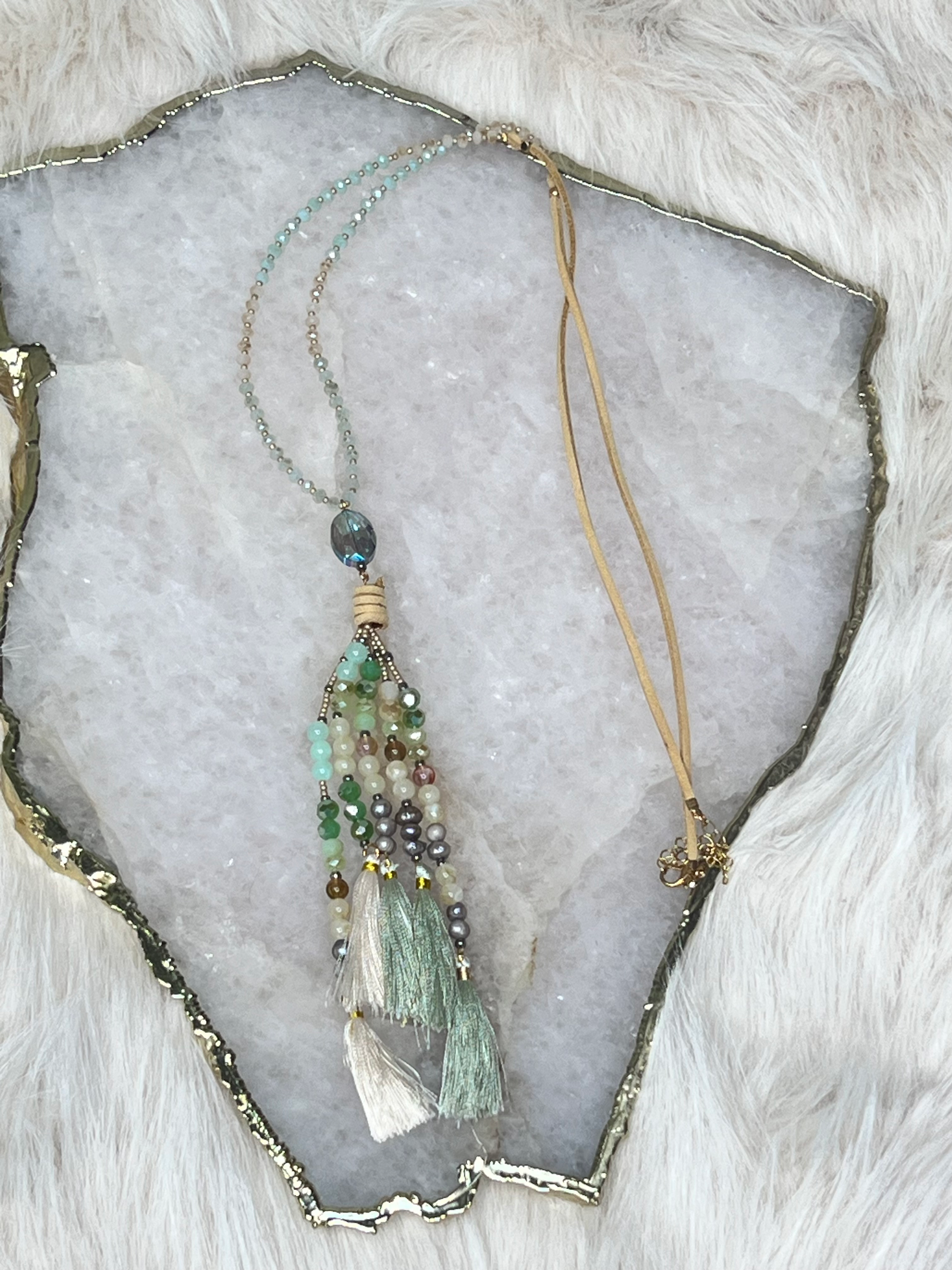 Long Beaded Necklace with Multiple Thread Tassels