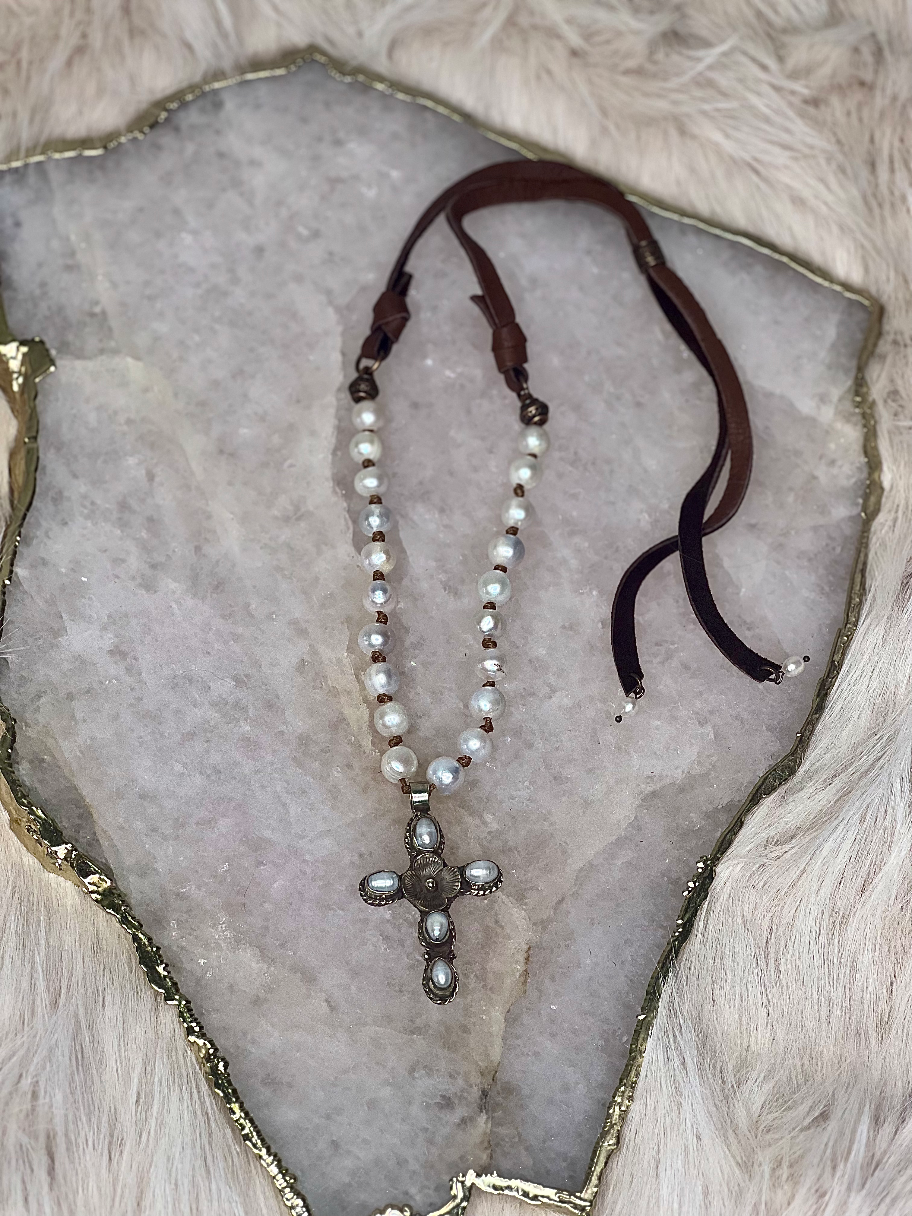Handmade Pearl & Leather Necklace with Cross Pendant