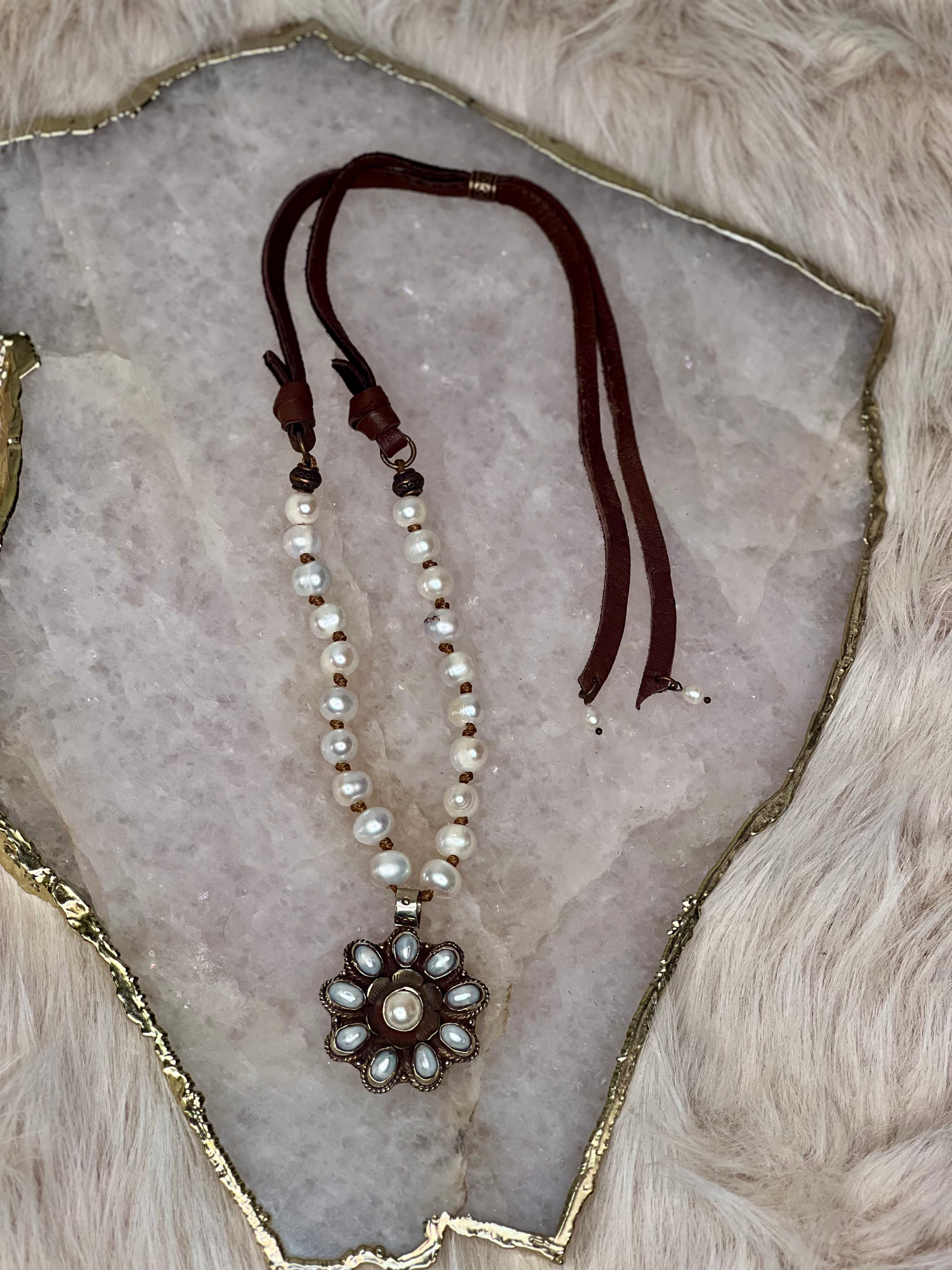 Handmade Pearl & Leather Necklace with Flower Pendant