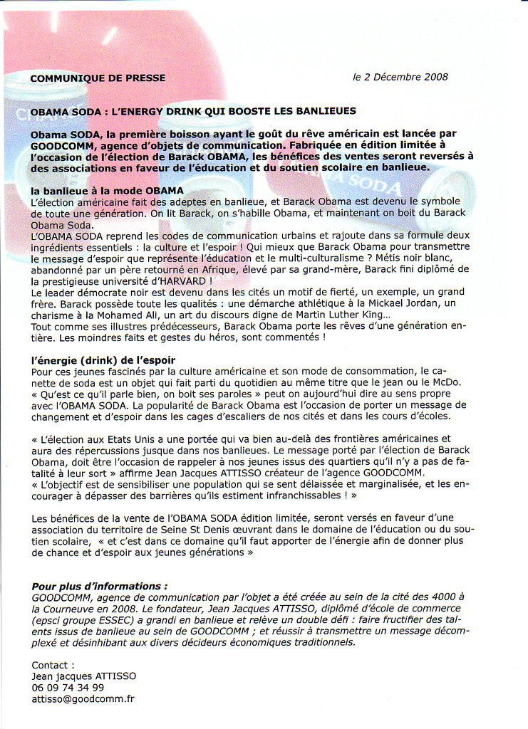 COMMUNIQUE DE PRESSE OBAMA SODA