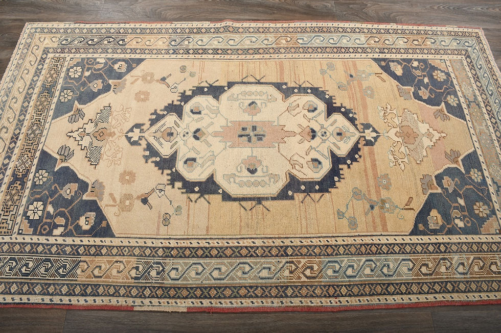 Thumbnail: Beige Turkish Vintage Hereke Rug 4x8 Hand-Knotted Wool Carpet