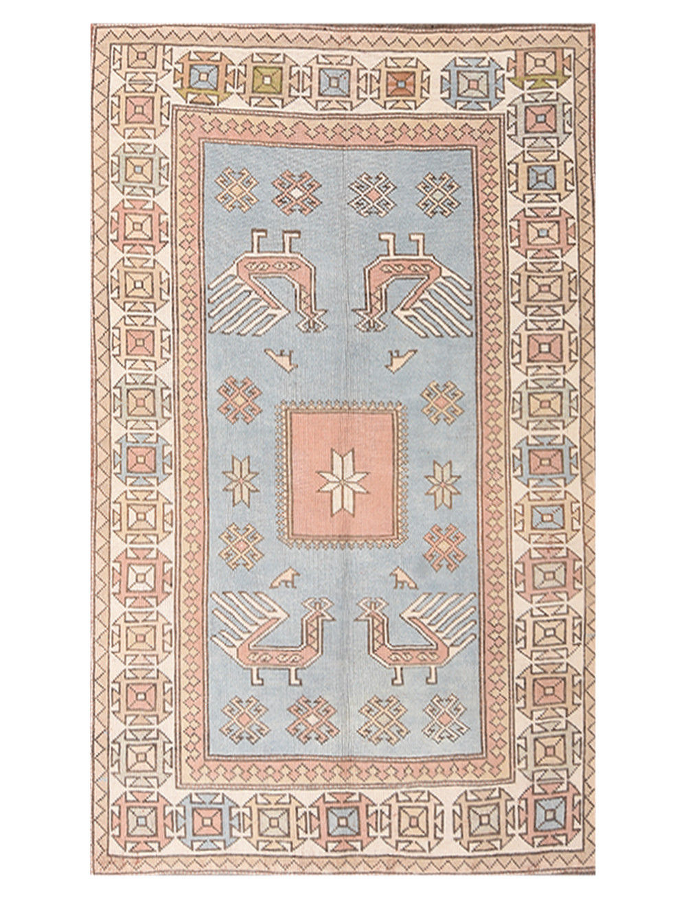 Vintage Blue Turkish Anatolian Rug 5x6 Hand-Knotted Wool Area Carpet