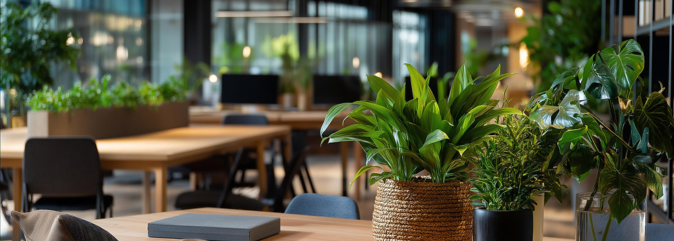 Aménagement de bureaux à Genève en Design & Build, open space moderne avec intégration végétale et espaces de travail collaboratifs favorisant le bien-être au travail.