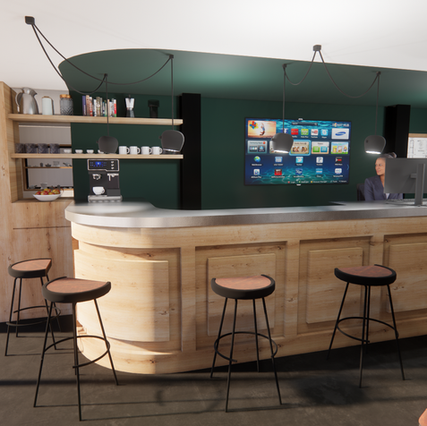 Comptoir central en bois avec espace café intégré, conçu dans le cadre du projet de design d’espace détente pour SERBO.