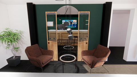Espace lounge avec fauteuils et comptoir en arrière-plan, visualisation 3D réalisée pour le projet SERBO.