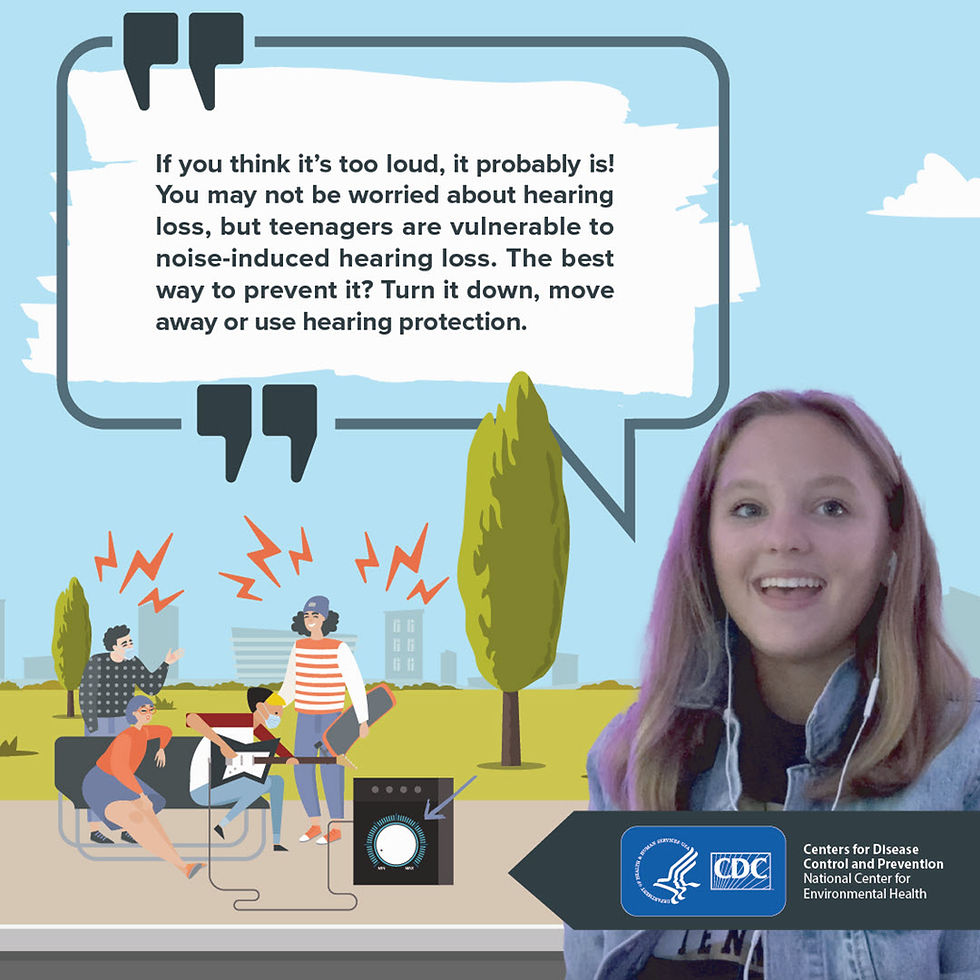 There's a girl with corded, white, earbuds on with an animated image in the background of a group of youths at a bench on the sidewalk. She has purple dyed hair and a denim jeans jacket on top of a black tee. Amongst the animated youths is one playing an electric guitar jacked to a speaker. Speech Text: If you think it's too loud, it probably is! You may not be worried about hearing loss, but teenagers are vulnerable to noise-induced hearing loss. The best way to prevent it? Turn it down, move away or use hearing protection.