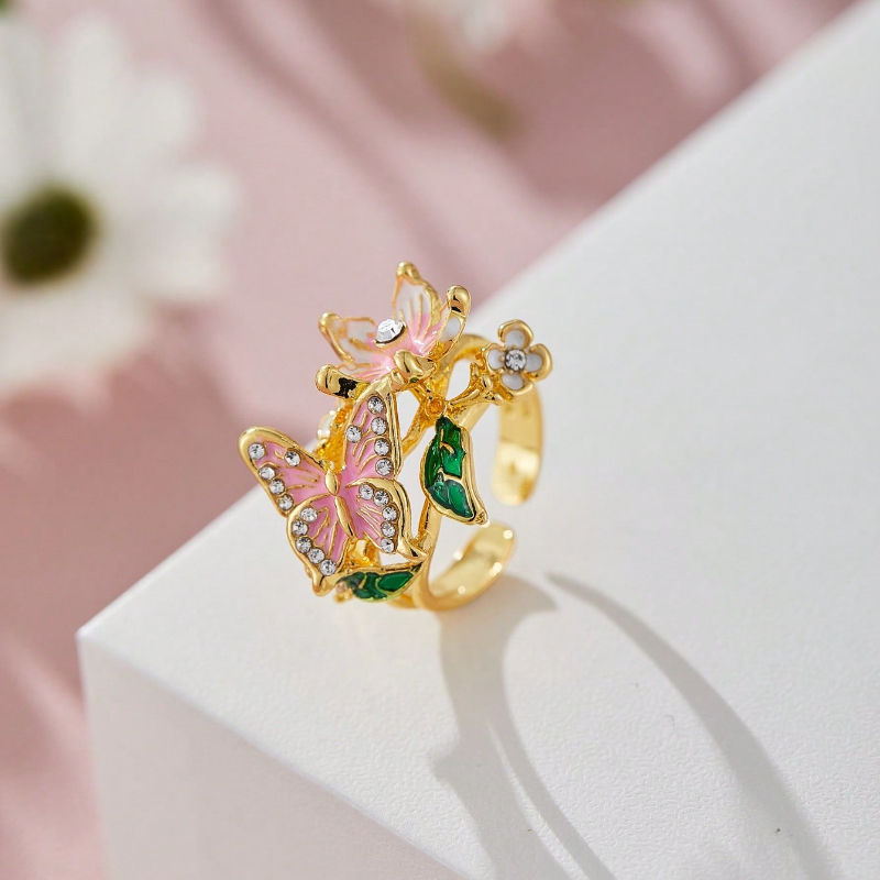 Thumbnail: Aesthetic Flower Butterfly Rings for Female Romantic Rhinestone Stylish Non-fadi