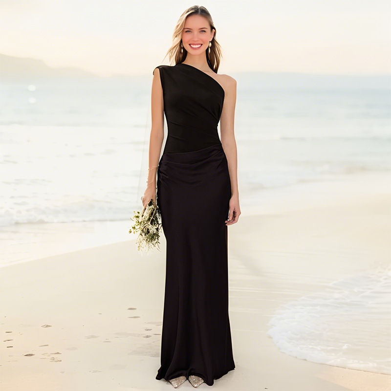 Thumbnail: Elegant One-Shoulder Satin Ruched Maxi Dress