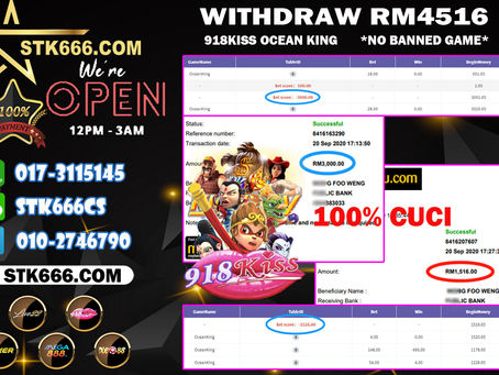 ⭐ STK666 Cuci Rekod ⭐📆📆 Tarikh : 20/9/2020💳 Cuci : 3000/1516👾 Kelab : 918K!SS🎮 Game : OCEA